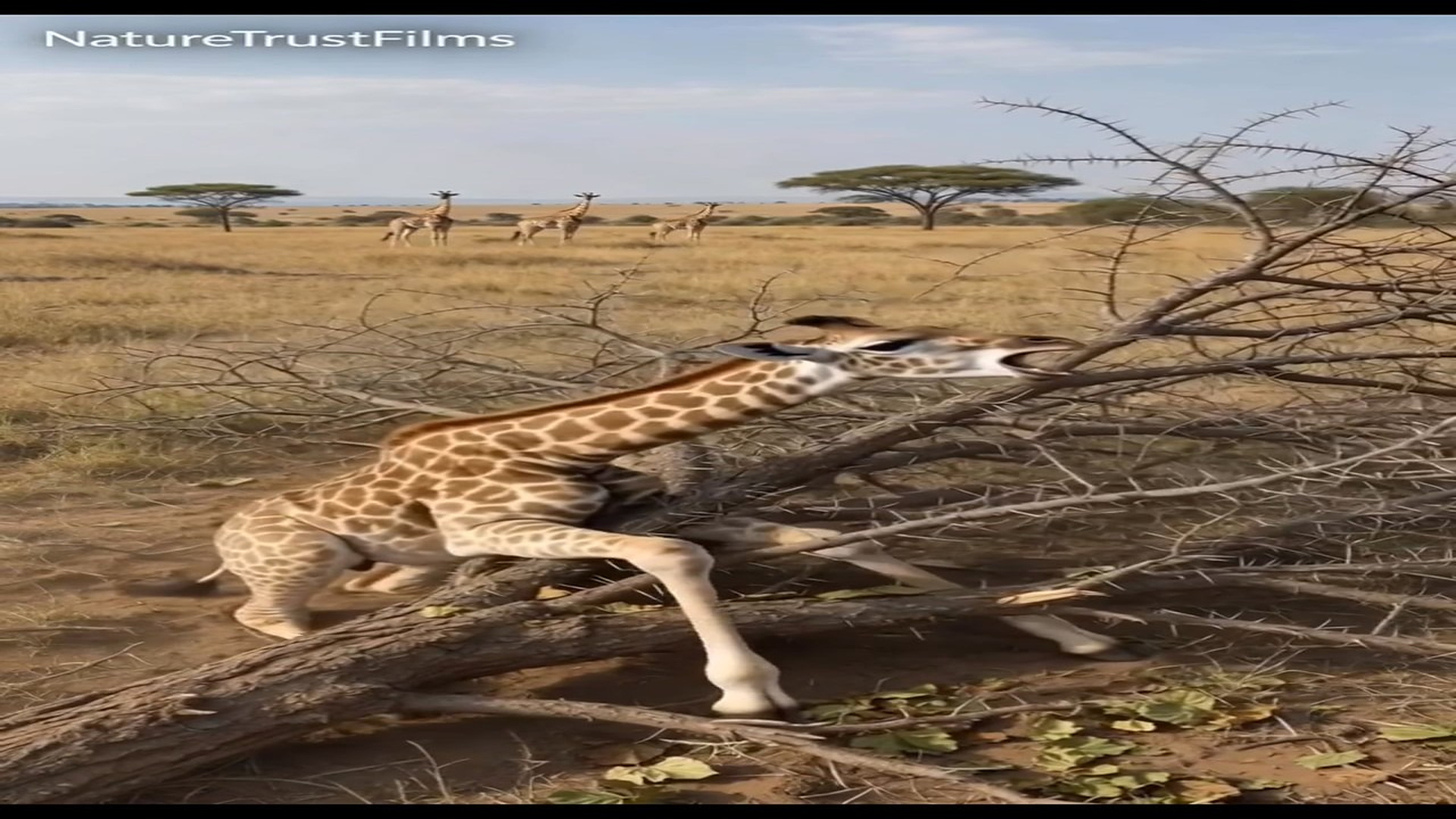 Full story: T2606030_�� A young giraffe calf became trapped in a fallen thorny acacia tree and couldn’t free itself. As its cries echoed a