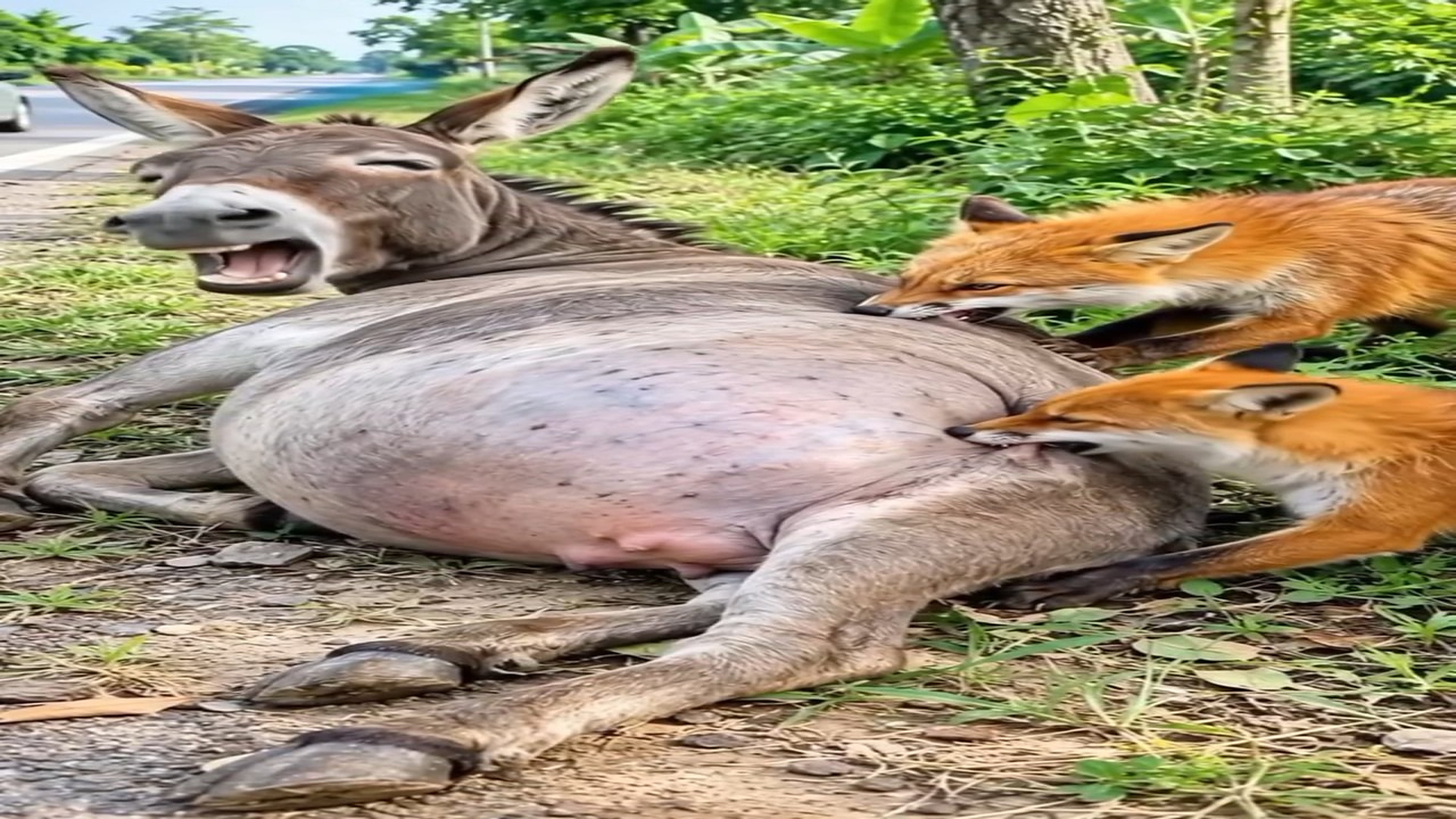 Full rescue here: T2010001_hero saves pregnant donkey wild foxes! A pregnant donkey was helpless on th