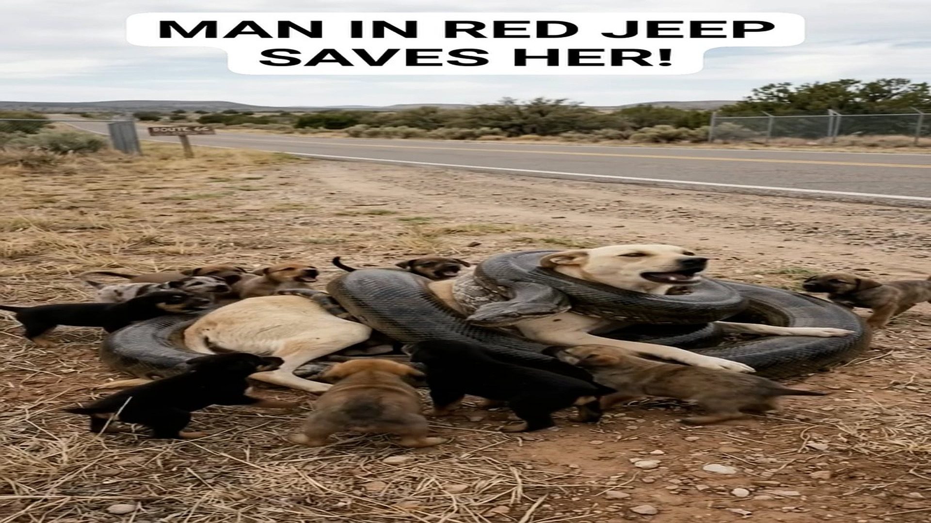 Full story here: T2810006_mama dog was DYING on side of Route 66, wrapped by a giant pyth